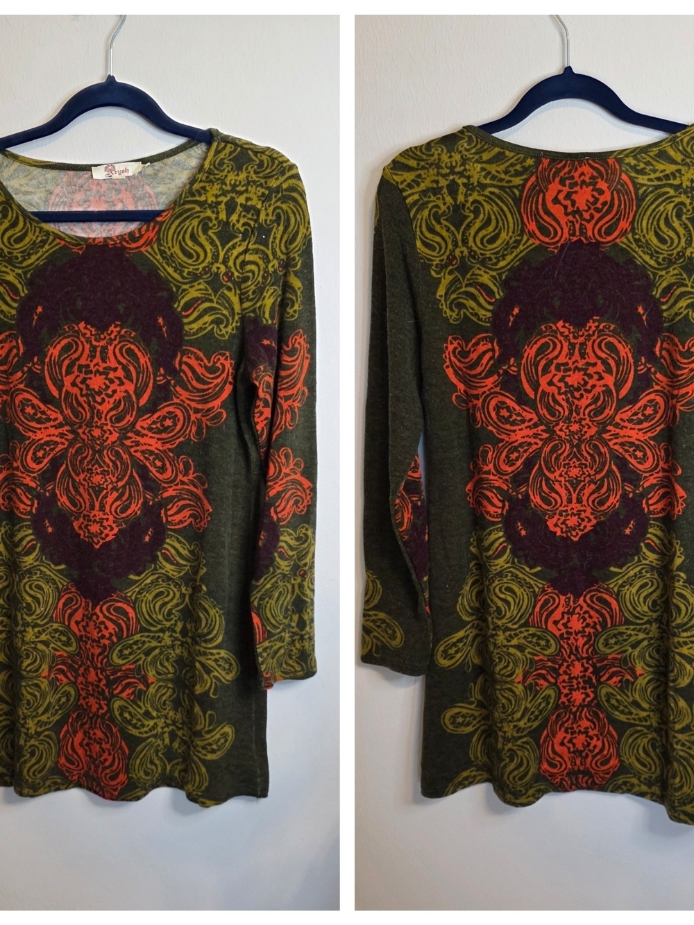 Aryeh Olive Green Tunic with Orange and Purple Medallion Design